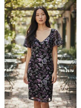 Maggy London Womens Embroidered Floral Mesh Black & Purple Midi Sheath Dress Siz